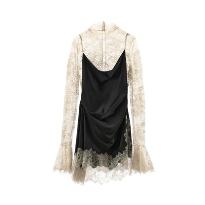 Elegant Lace Trim Satin Dress Women High Neck Color Block Full Sleeve Y2K Mini Dresses 2026 Spring Lady New Sexy Party Clubwear