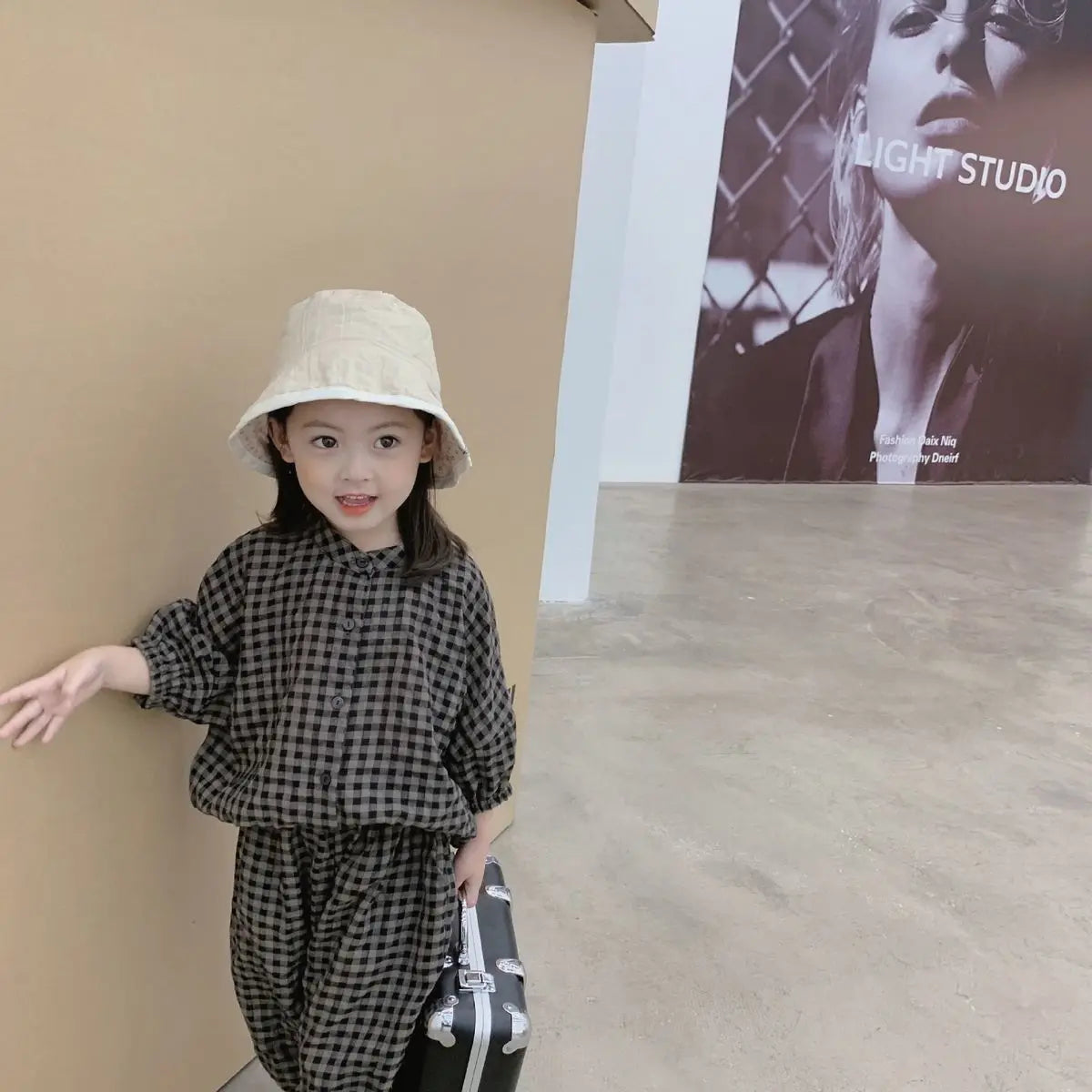 Kid Girls Korean Style Cotton Linen Suits Spring Autumn 2026 New Summer Baby Girl Fashion Casual Plaid 7-point Sleeve 2pcs Sets