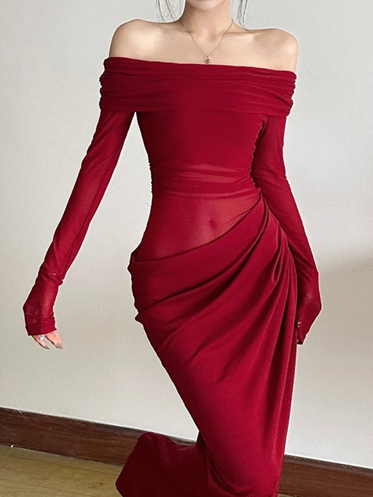 Sexy Dress Women 2025 Spring Patchwork Mesh Elegant Slash Neck Ruched Fit Chic Birthday Party Festival Vacation Vestidos
