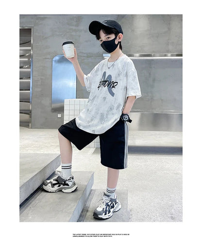 New Casual Boys Cotton Top summer Bottoms Clothes Set for Teenager Child Fashion Outfit Kids T-shirt Shorts Two Pieces Clothing