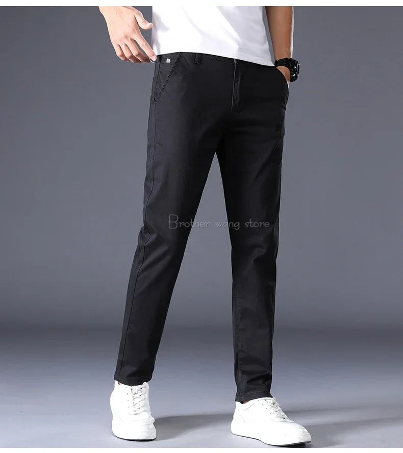 Summer Thin Men's Casual Pants Cotton 7 Colors Classic Style Elastic Straight Slim Fit Business Fashion Long Trousers Male