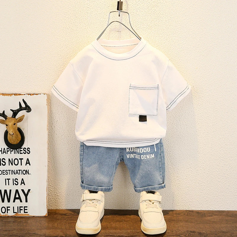 Fashion Baby Boys T-Shirt + Denim Shorts Sets 0-6 Years Old Summer Little Children's Girls Clothing Suits