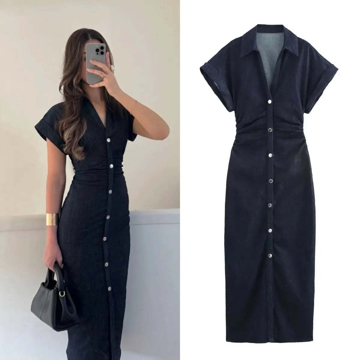 2025  Spring New 1975 series denim MIDI dress with lapel side zipper fashion wrinkle waist slim elegant dress
