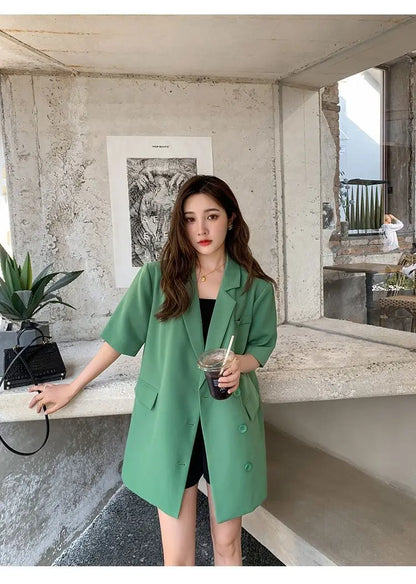 Korean Fashion Loose Thin Blazer Women Spring Autumn New Extra Large Mid Length Short Sleeved Women Coat Casual Outwear