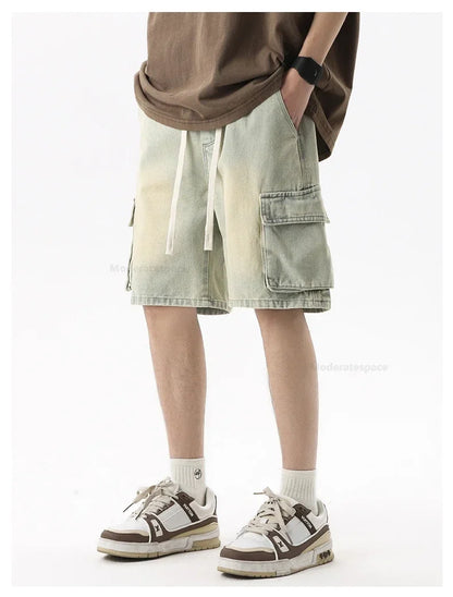 Summer Retro Fashion Denim Shorts for Men Loose Straight Leg Multi-pocket Short Jeans With Elastic Waist and Drawstring Male