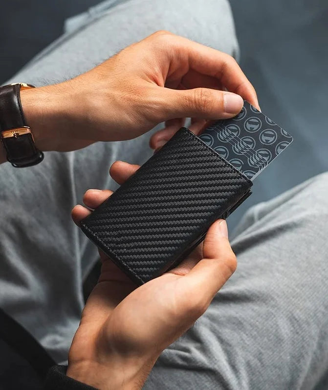 Carbon Fiber & Aluminum Men's Bifold Wallet, RFID Blocking Automatic Pop-Up Card Holder with Coin Compartments, Slim Money Purse