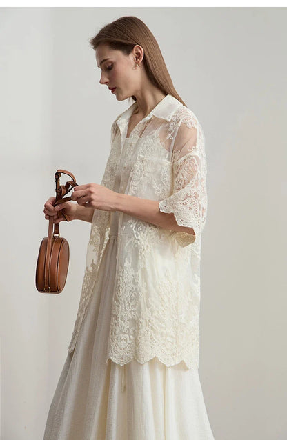 Minimalist Office Lady Print Shirts Women Summer 2025 Short Sleeve Turn-down Collar Loose Blouses Female Fashion 12542155