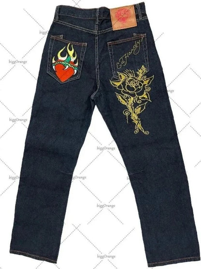 Mens Jeans Streetwear Y2K Vintage Straight Leg Denim Pants Skull Rose Flame Print Design Loose Fit Retro Punk Hip Hop Fashion
