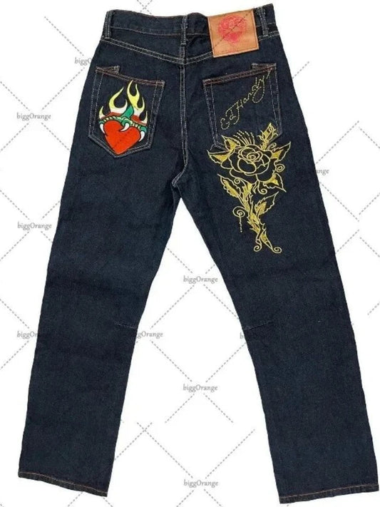 Mens Jeans Streetwear Y2K Vintage Straight Leg Denim Pants Skull Rose Flame Print Design Loose Fit Retro Punk Hip Hop Fashion
