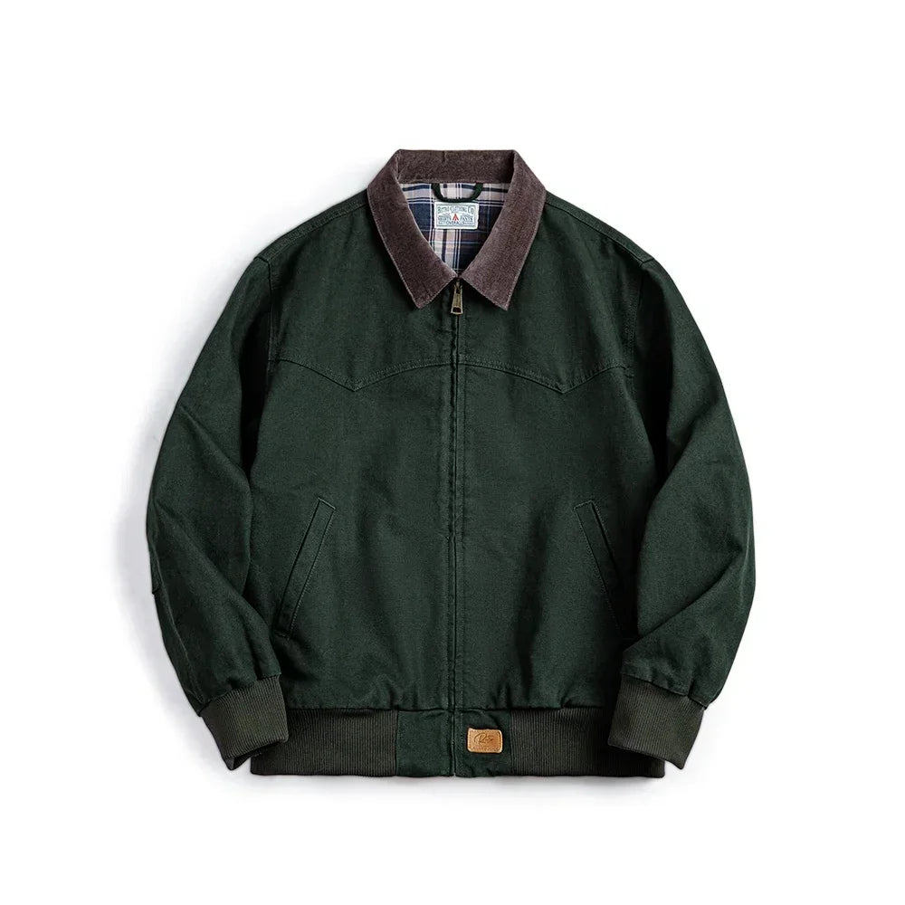 Retro Heavyweight Santafe Canvas Jackets Cotton Corduroy Lapel Ribbed Hem Cuffs Short Jacket for Men's Autumn Overcoat