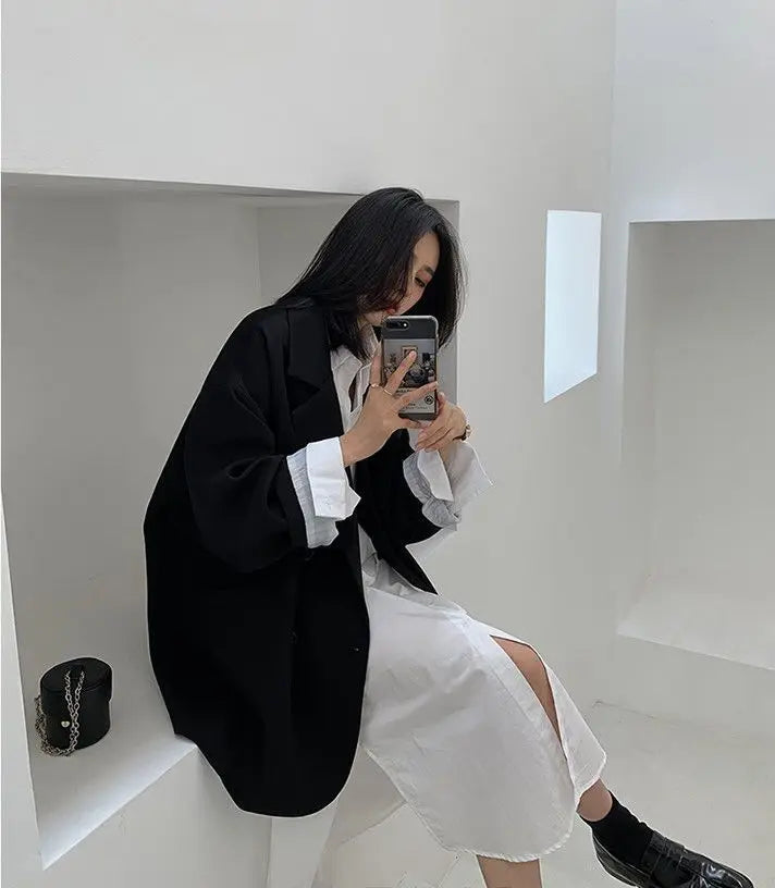 Oversize Blazers Women Long Sleeve Black Suit Streetwear Korean Chic Loose Jacket Spring Autumn Coat Double-breasted Tweed New