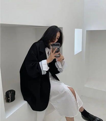 Oversize Blazers Women Long Sleeve Black Suit Streetwear Korean Chic Loose Jacket Spring Autumn Coat Double-breasted Tweed New