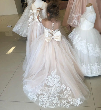 Flower Girl Dresses For Weddings Long Sleeve Lace Tulle Bow Back Children's Elegant Dress vestidos para niñas