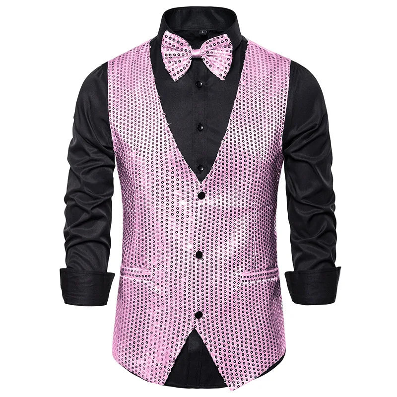 New Gold Sequin Vest Men's Single-breasted V-neck Sleeveless Vests Coat Wedding Party Waistcoat Silver Blue Purple Red Tops