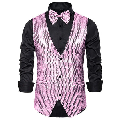 New Gold Sequin Vest Men's Single-breasted V-neck Sleeveless Vests Coat Wedding Party Waistcoat Silver Blue Purple Red Tops