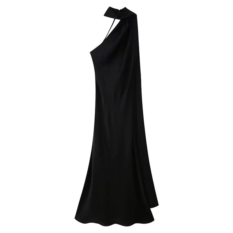 Elegant Long Silk Satin Dress Neck Hanging Pure Color Slim Fit Summer New Fashion Women's Dress City Commuting Casual Wedding
