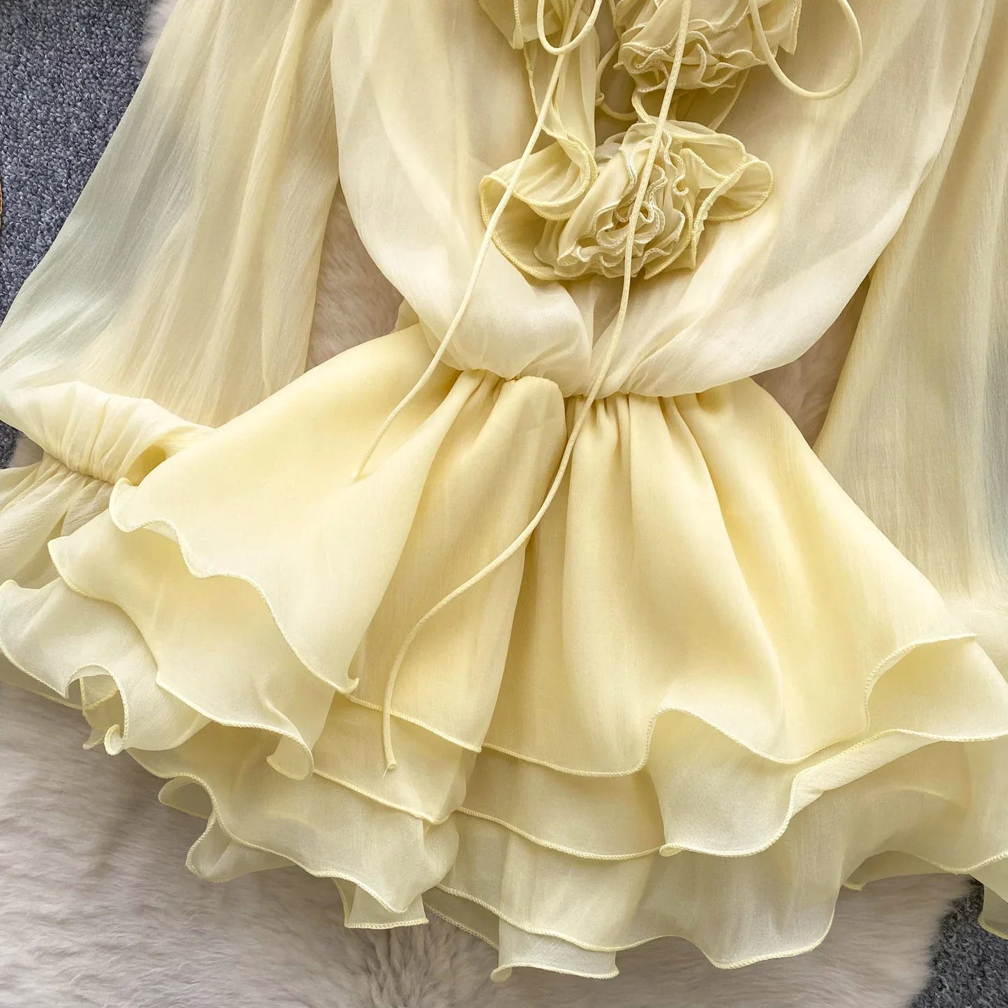 3D Floral Beach Short Dress Female Long Sleeves Lace Up Ruffle Chiffon Cake Sundress Sheer Sexy Vintage Bohemian Dress