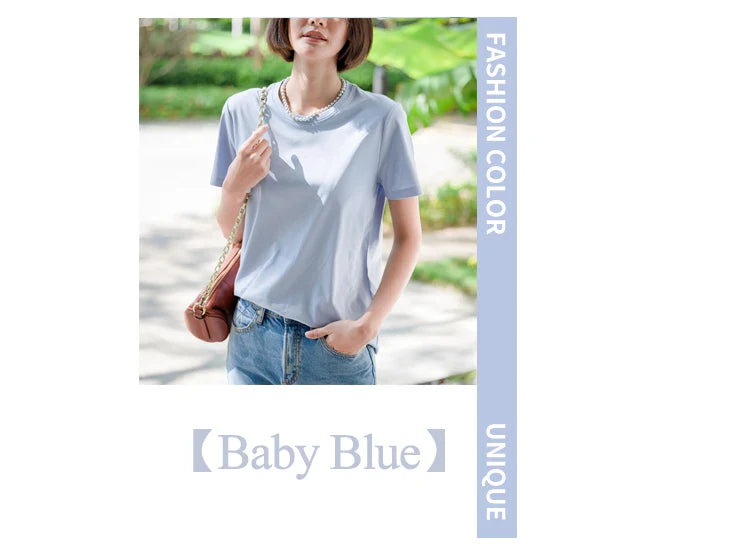 6% Real Silk Cotton Modal Women's T-shirt 2026 Summer Tees Short Sleeve Solid Tee Shirts V-neck Casual Woman Basic T shirt Tops