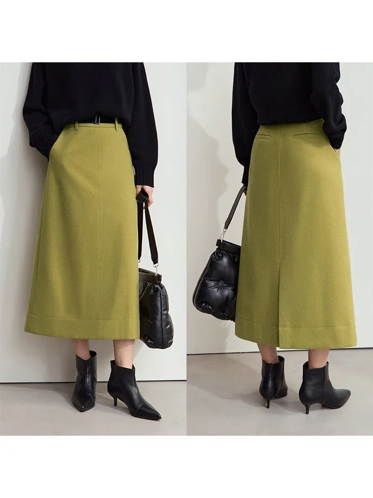 Minimalism Women's Elegant Commuter Skirts with Velvet Belt 2024 Winter Twill Fabric Warm Slit Straight Midi Skirt 12444183