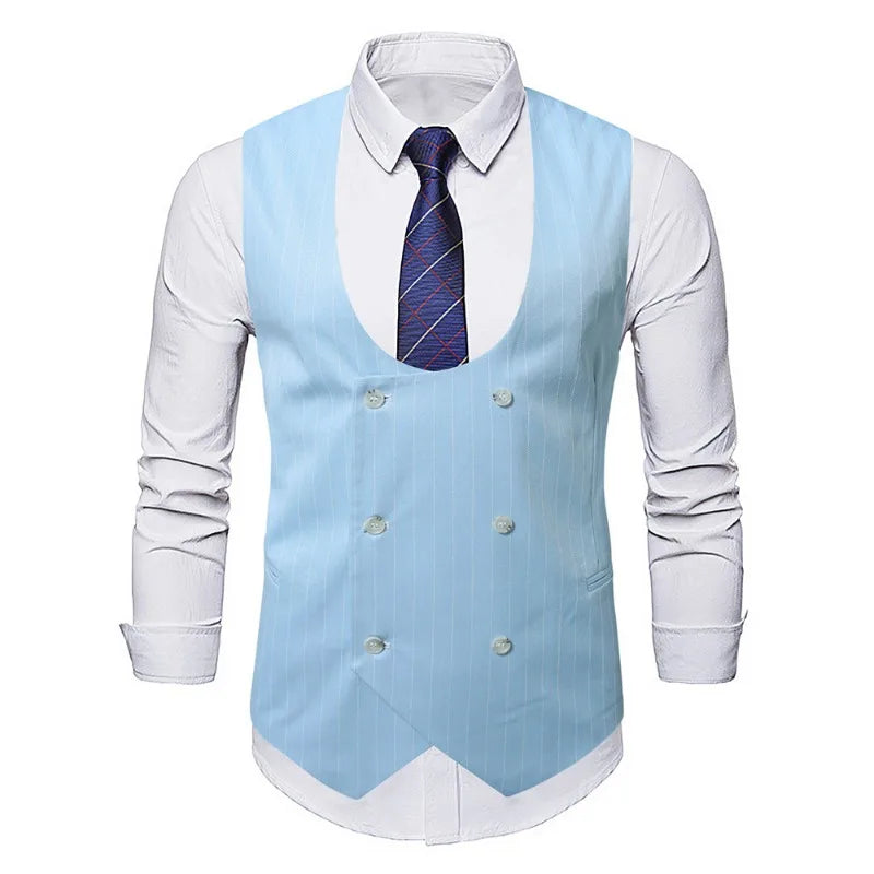 Man Suit Vest Vintage Striped Double-breasted Men Waistcoat British Style Slim Sleeveless Casual Versatile Male Vest