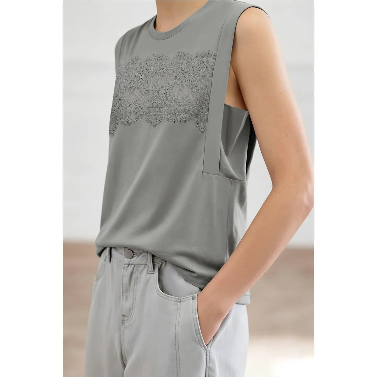Women's Top 2026 Summer New Round Neck Lace Trim 100% Cotton Tank Tee Loose Casual Sleeveless T-Shirt For Women 12622139