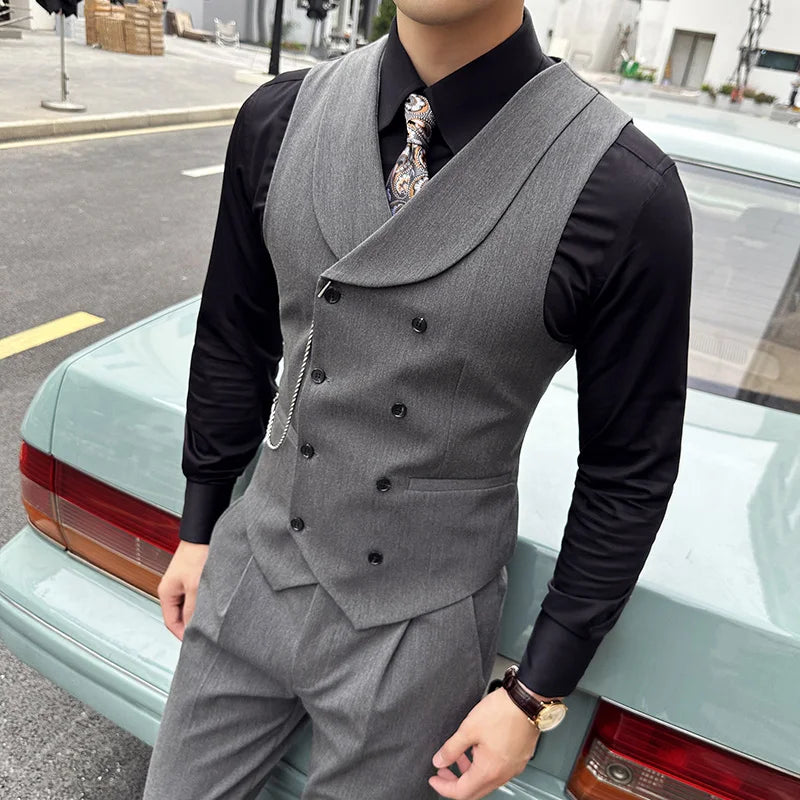 ( Vest + Pants) Men Luxury Double Breasted Design Suit Vest 2 pieces Formal Groom Wedding Dress Vest Set Fashion Club Clothing