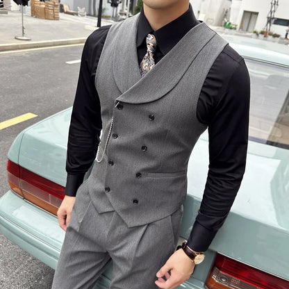 ( Vest + Pants) Men Luxury Double Breasted Design Suit Vest 2 pieces Formal Groom Wedding Dress Vest Set Fashion Club Clothing
