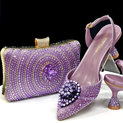 Blue Color Rhinestone Comfortable high heel shoe And Bag Fashion Style Pointed-Toe Shoes For Women Or Commuting Shoes