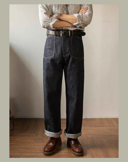 Denim Railroad Pants High Waist Rugged Style Selvage Jeans Back Buckle