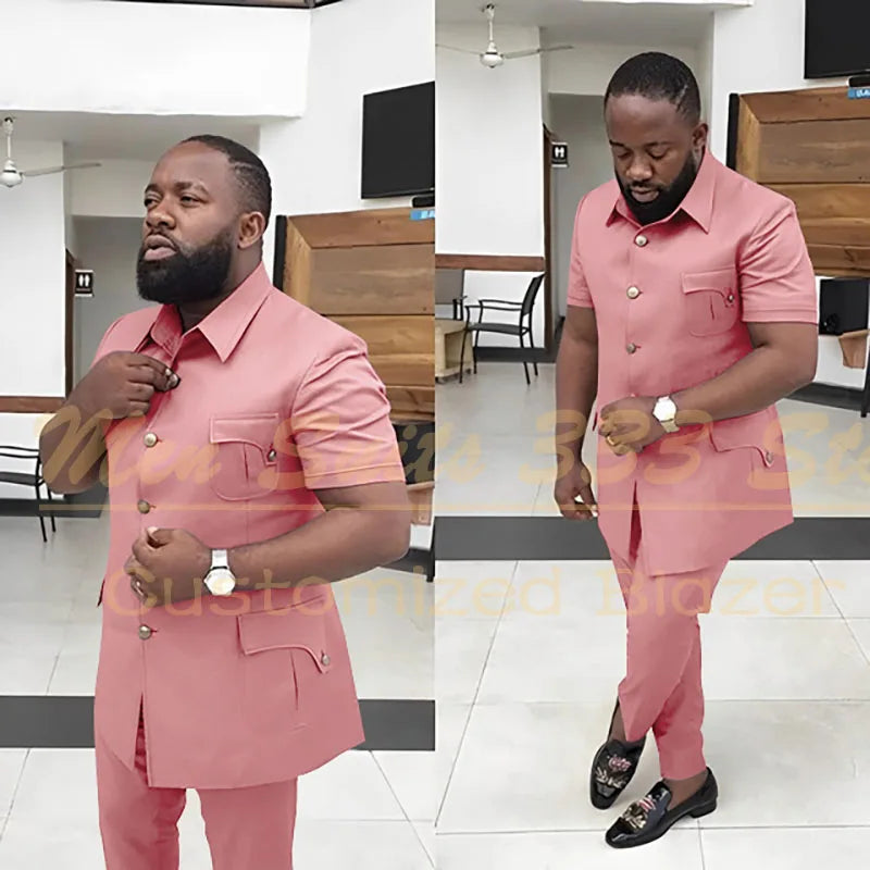 Summer Men's Suits Solid Color Short Sleeve Single Breasted Stand Lapel Casual Outfits 2 Piece Jacket Pants Set Slim Fit Terno