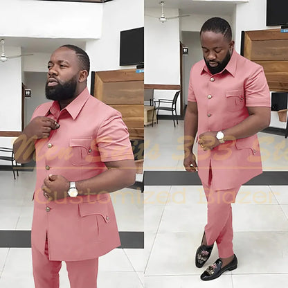 Summer Men's Suits Solid Color Short Sleeve Single Breasted Stand Lapel Casual Outfits 2 Piece Jacket Pants Set Slim Fit Terno