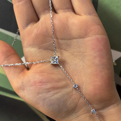 1carat Princess Cut Moissanite Lariat Necklace with Round Bubble Pendant Necklace Y-shape S925 Silver Square Neckchain for Women