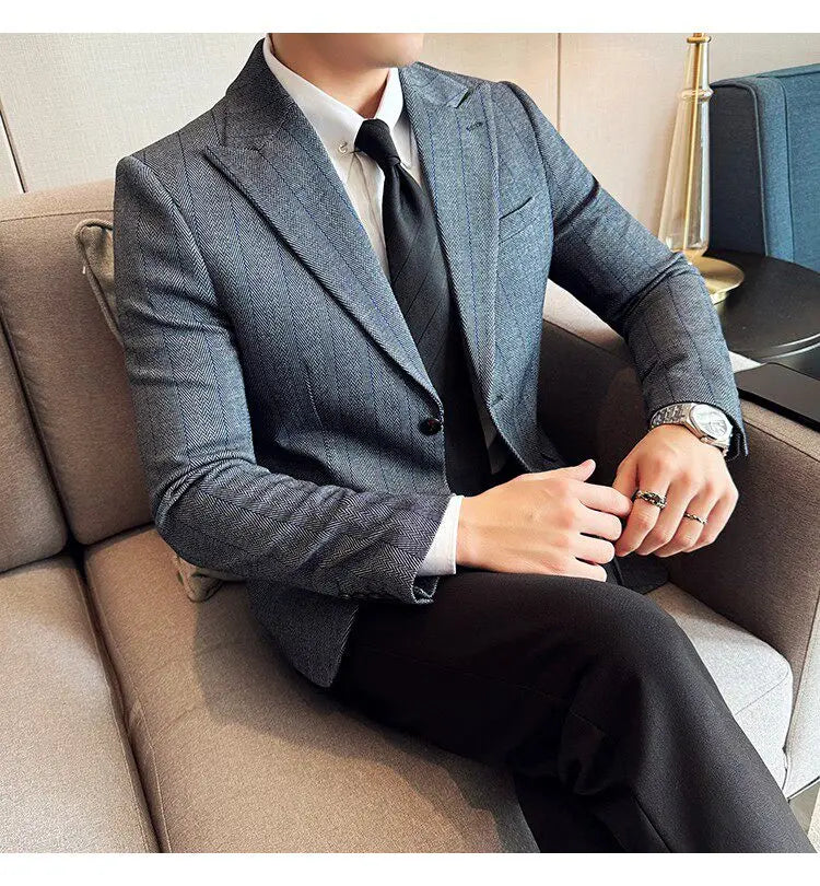 Men's Herringbone Stripe Suit Blazer Classic Lapel Dress Jacket Elegant Slim Fit Fashion Simple Casual Business Prom Suit Jacket