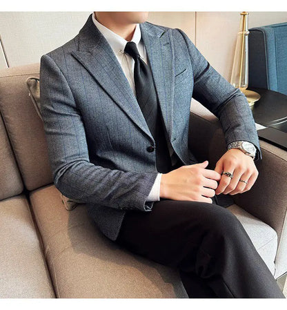 Men's Herringbone Stripe Suit Blazer Classic Lapel Dress Jacket Elegant Slim Fit Fashion Simple Casual Business Prom Suit Jacket