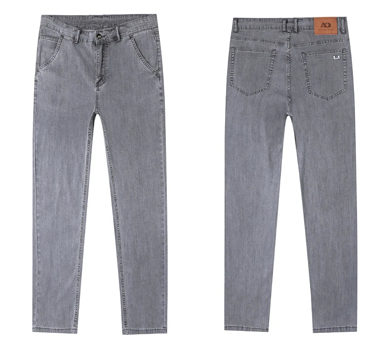 Summer Thin Men's Loose Straight Jeans Lyocell Soft Drape Business Casual Trousers Classic Smoke Gray Brand Ice Silk Pants