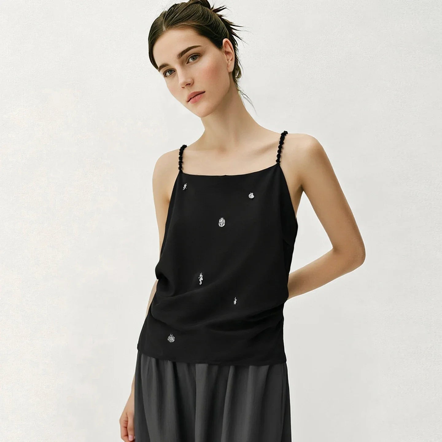 Women's Camisole 2026 Summer New Metal Detail Linen Blend Spaghetti Strap Loose Casual Sleeveless Tank Top Women 12642102