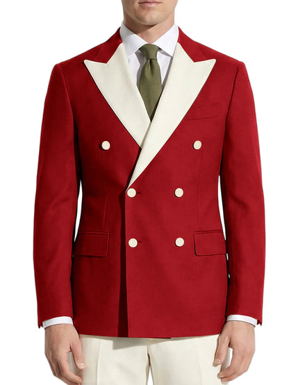 Classic Men's Tuxedo Jacket White Peak Lapel Patched Double Breasted Slim Fit Blazer for Business Formal Wedding Groom Prom Coat