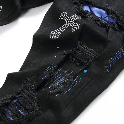 Men Crystal Cross Stretch Denim Jeans Holes Ripped Distressed Black Pants Embroidery Slim Tapered Trousers