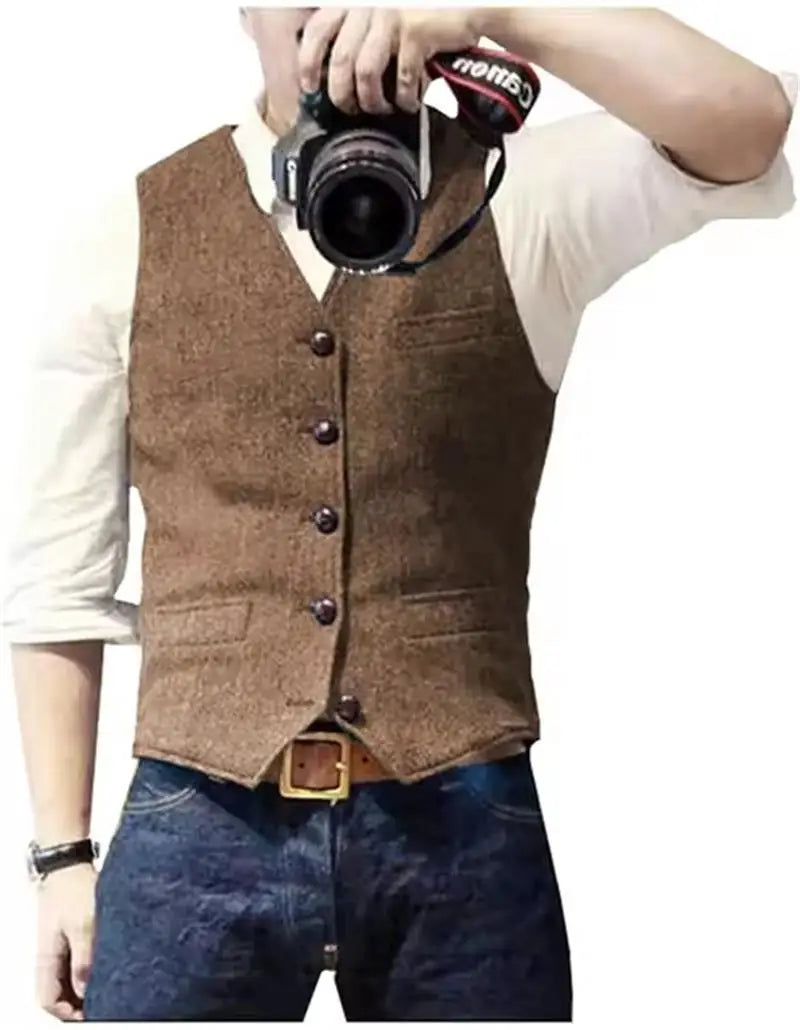 Vintage Men's Suit Vest V Neck Wool Herringbone Tweed Casual Classic Slim Fit Waistcoat Formal Business Wedding Groomsmen