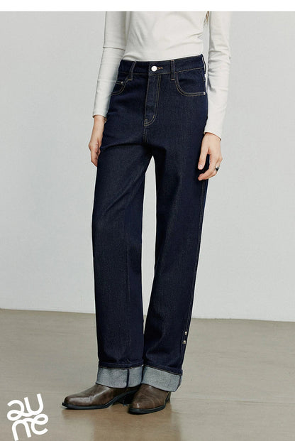 Women Denim Jeans 2025 Autumn New Lyocell Rolling Up Hem Elastic and Simple Straight Leg Ankle Length Pants