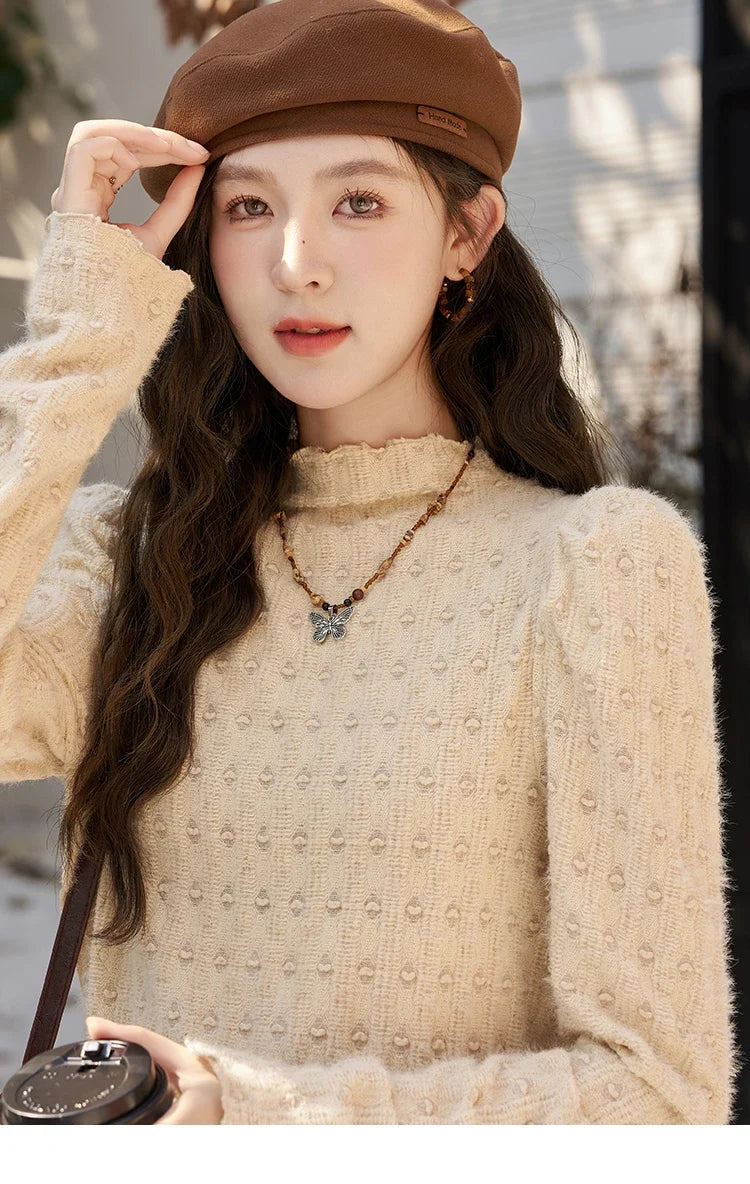 Lace Bottoming Shirt Women Autumn Winter Mock Neck Long Sleeve Knitted Pullover French Warm Inner Top Female MXC58Z0481