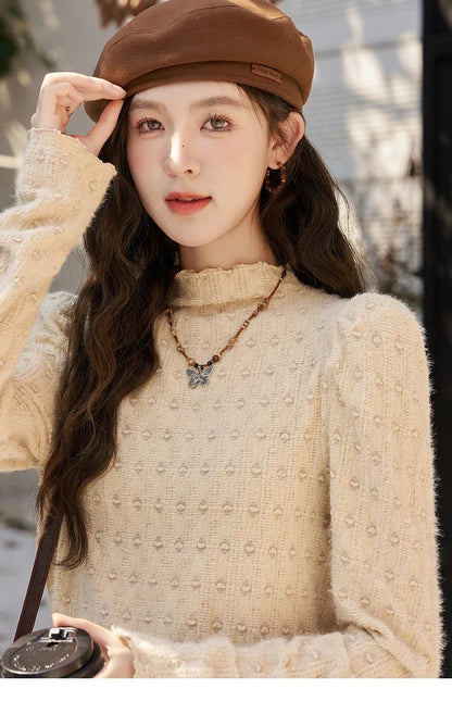 Lace Bottoming Shirt Women Autumn Winter Mock Neck Long Sleeve Knitted Pullover French Warm Inner Top Female MXC58Z0481