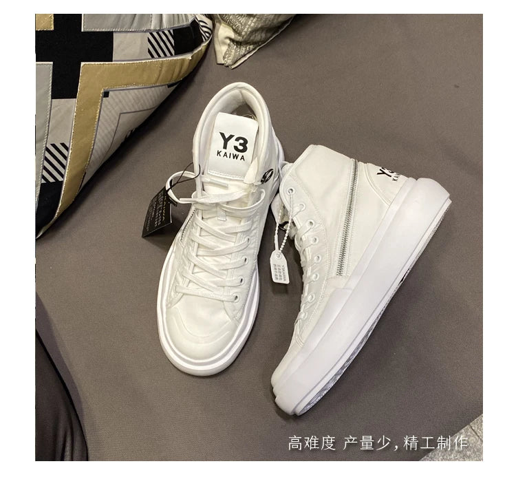 New Fashion High-top Casual Shoes Men Platform White Ankle Boot in Canvas Zipper Ornament Sneaker Boots Handcrafted Man Footwear