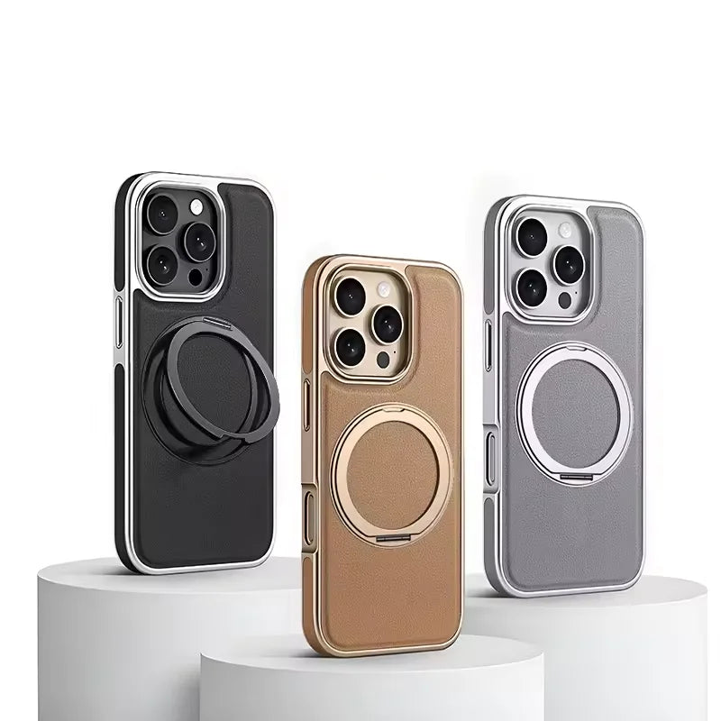 Business Plating Frame 360 Alloy Stand Holder Leather Magnetic Case For iPhone 16 15 14 13 Pro Max Shockproof Cover For Magsafe