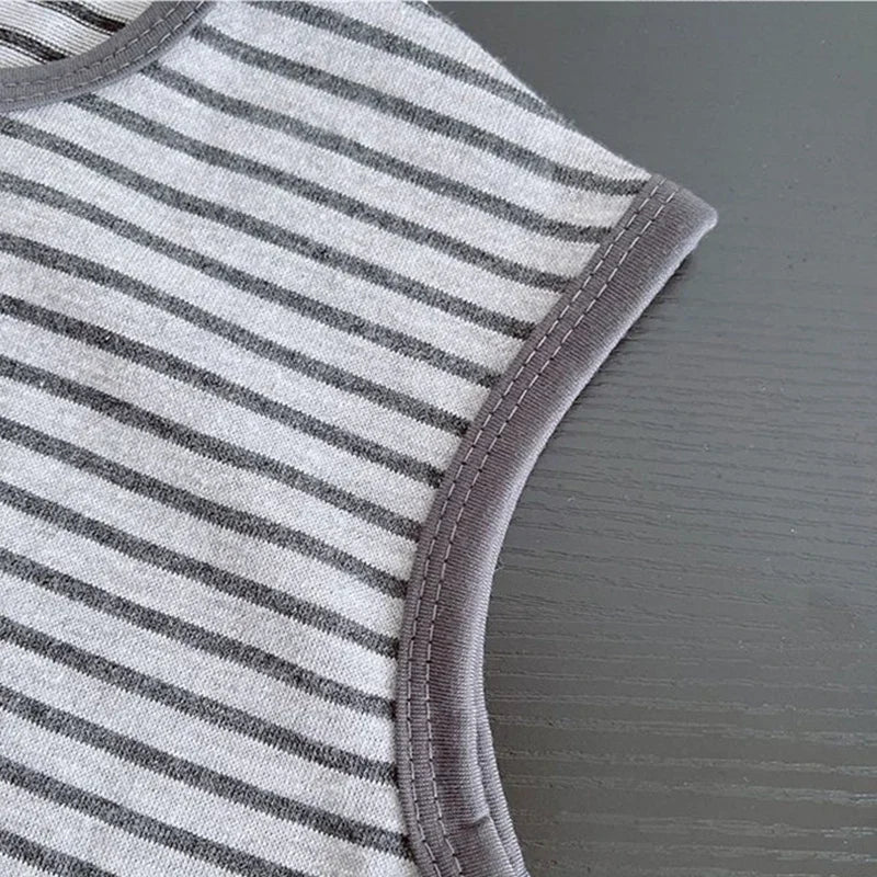 Boys' Sleeveless 2-Piece Set Gray Striped Printed Vest And Casual Shorts Comfortable Clothes for Children 0-5 Years Old