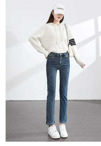 Women's Winter Fleece Warm Jeans Retro Slim Straight Elastic Cotton Thickened Warm Denim Pants Fashion Female Clothing