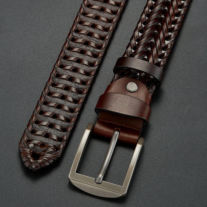 Genuine Leather Cowhide Casual Men's Belt, Trendy Knitted Belt With Alloy Buckle, Gift For Boyfriend/Husband/Father