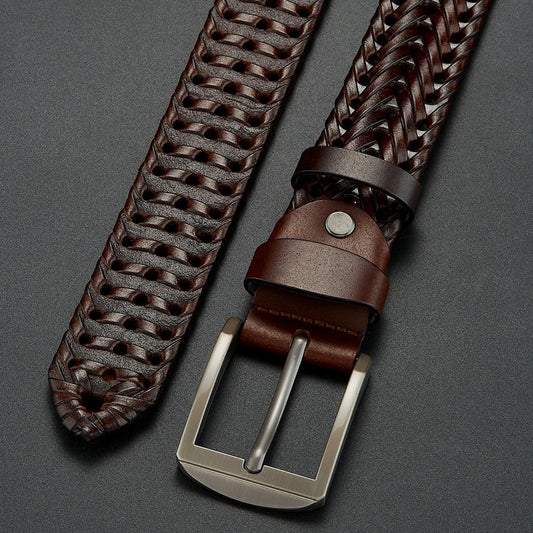 Genuine Leather Cowhide Casual Men's Belt, Trendy Knitted Belt With Alloy Buckle, Gift For Boyfriend/Husband/Father