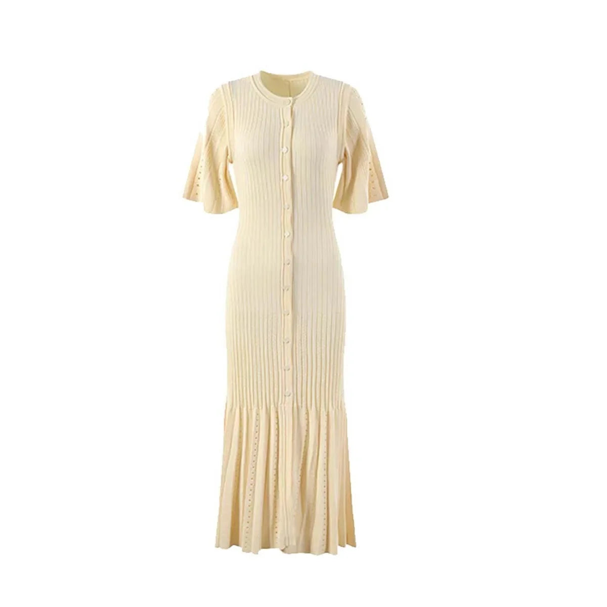 Summer-style fashionable openwork French slimming A-line short-sleeved knitted dress, fishtail long dress for women