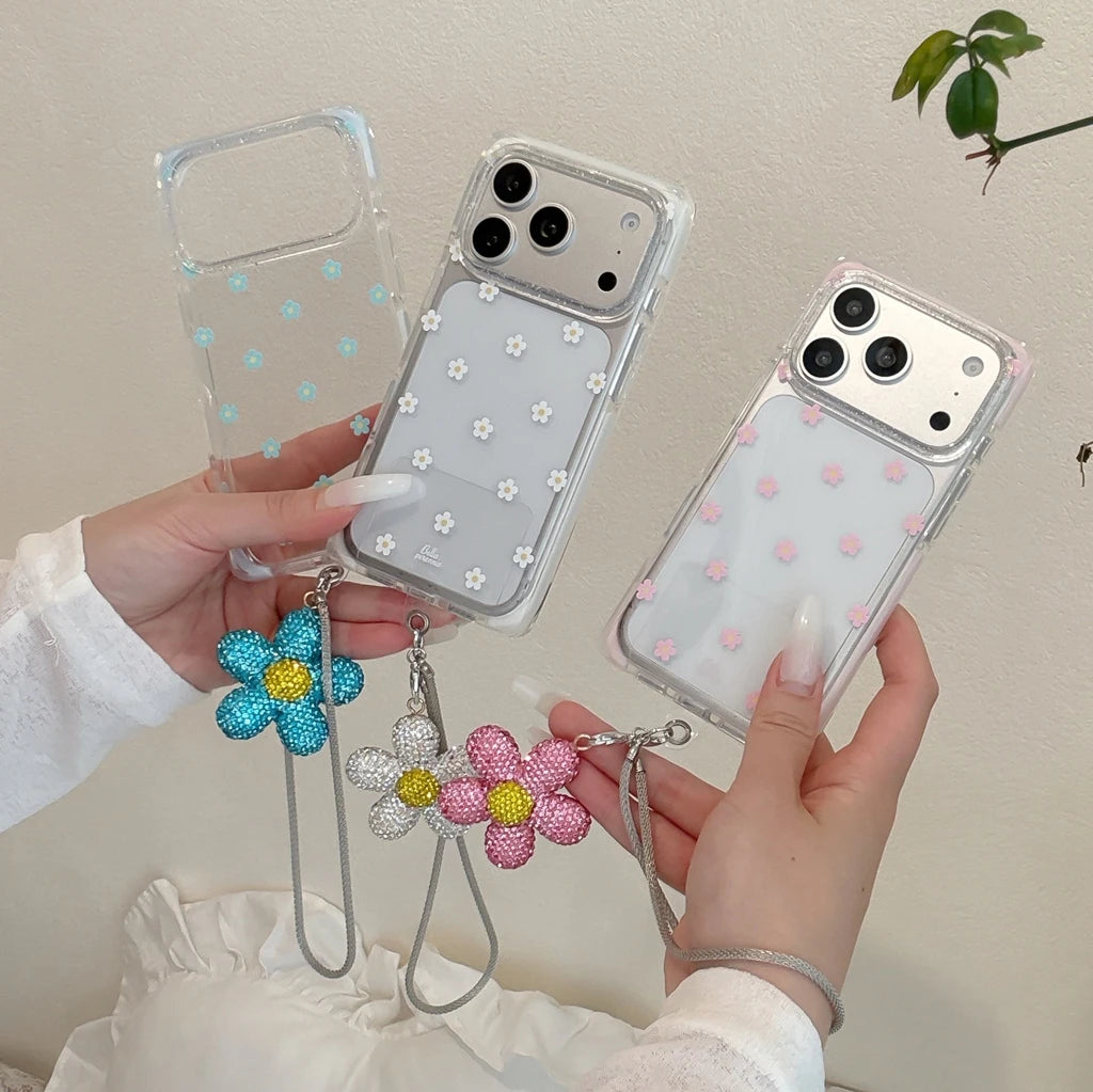 Vibrant All-over Little Flower Clear With Rhinestone Pendant Lanyard Rectangle Phone Cover Case for iPhone 17 16 15 Pro Max